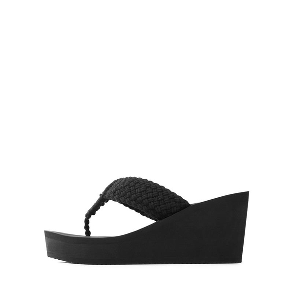 Woven Strap Platform Wedge Flip Flops - BLACK - 3